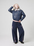 DAXUEN navy blue wide-leg cargo pants with pink accents — model photo