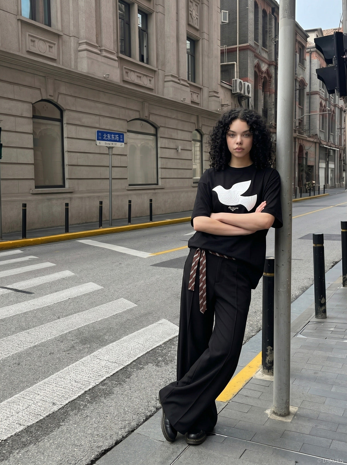 DAXUEN white oversized stylized dove graphic t-shirt — model photo