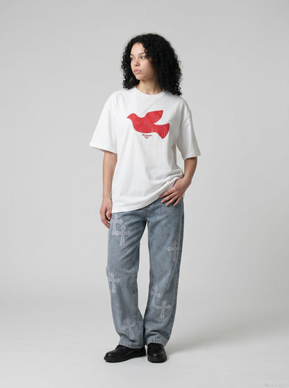 DAXUEN white oversized stylized dove graphic t-shirt — model photo