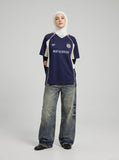 DAXUEN dark blue dual-panel graphic sports jersey t-shirt — model photo