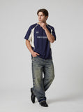 DAXUEN dark blue dual-panel graphic sports jersey t-shirt — model photo