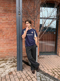 DAXUEN dark blue dual-panel graphic sports jersey t-shirt — model photo