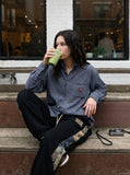 DAXUEN checkered button-up shirt with stylized horse embroidery — model photo