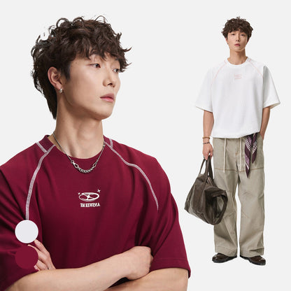 DAXUEN deep maroon stylized oval 'ANSWER ME' graphic tee