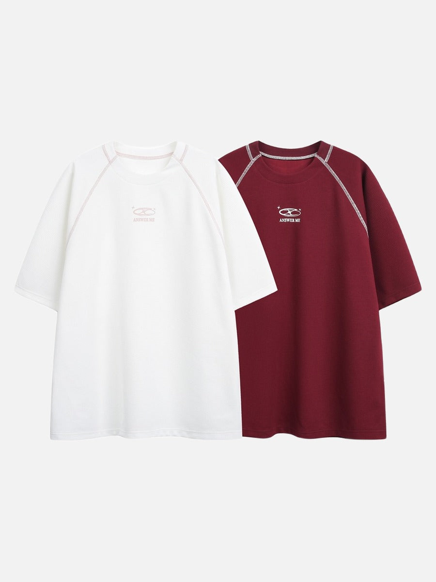 DAXUEN deep maroon stylized oval 'ANSWER ME' graphic tee