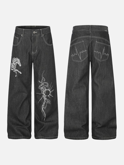 DAXUEN dark wash wide-leg jeans with white animal graphic
