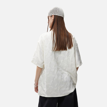 DAXUEN black short-sleeved butterfly motif band collar shirt