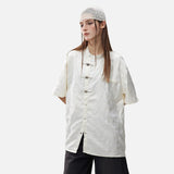 DAXUEN black short-sleeved butterfly motif band collar shirt