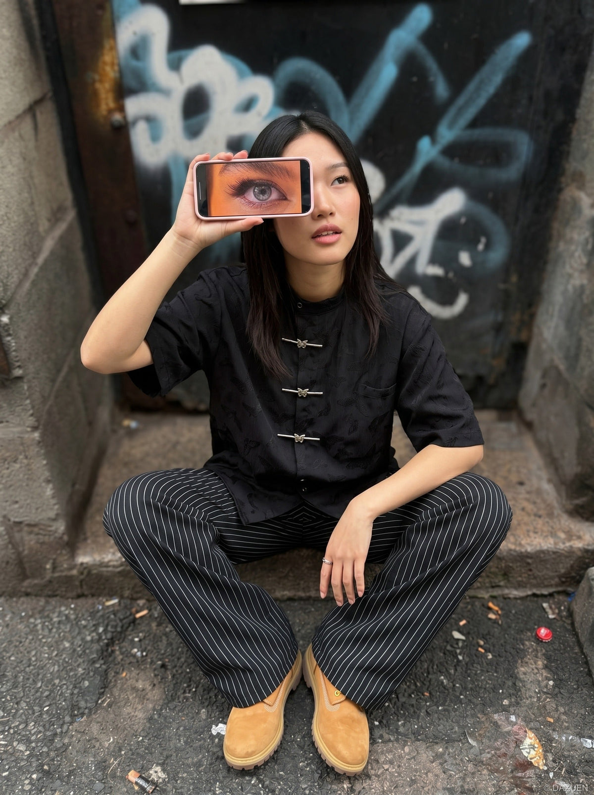 DAXUEN black short-sleeved butterfly motif band collar shirt — model photo