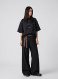 DAXUEN black short-sleeved butterfly motif band collar shirt — model photo