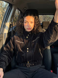 DAXUEN dark brown suede bomber jacket with metallic details — model photo