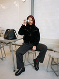 DAXUEN dark brown suede bomber jacket with metallic details — model photo