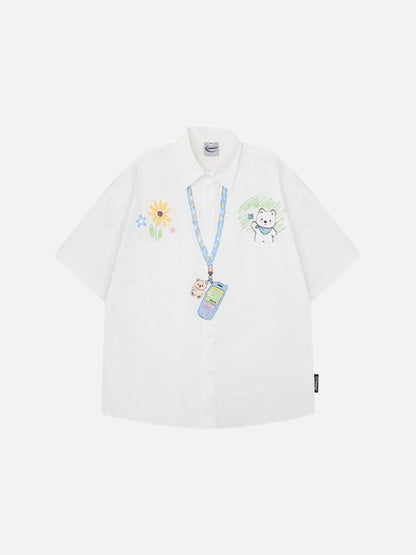 Casual short-sleeved button-up shirt with embroidery