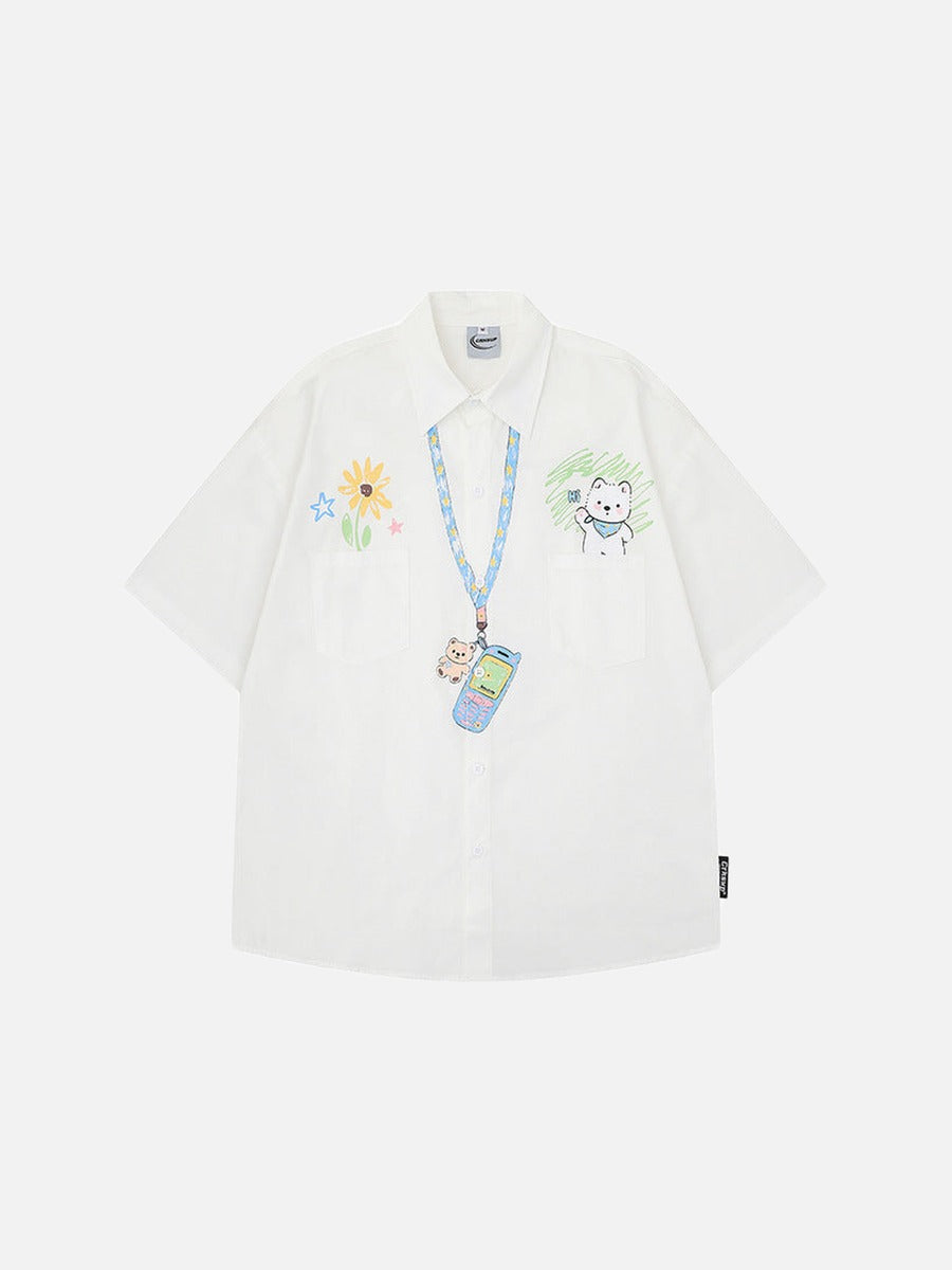 Casual short-sleeved button-up shirt with embroidery