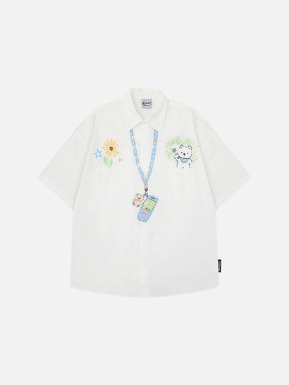Casual short-sleeved button-up shirt with embroidery