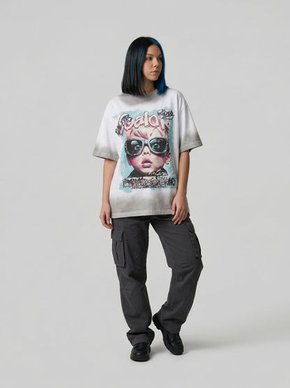 DAXUEN Short-sleeved graphic t-shirt featuring a surprised child — model photo
