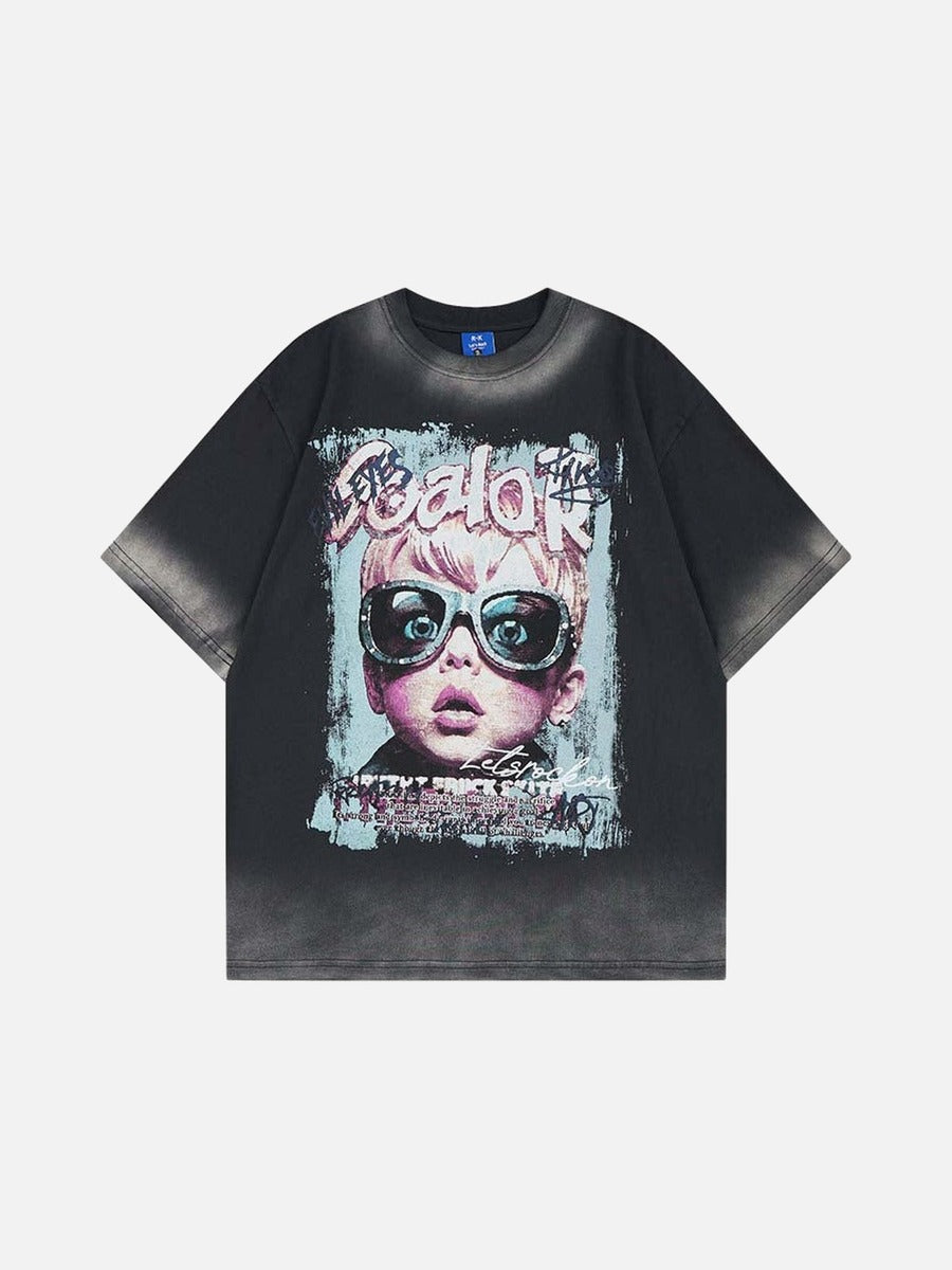 DAXUEN Short-sleeved graphic t-shirt featuring a surprised child