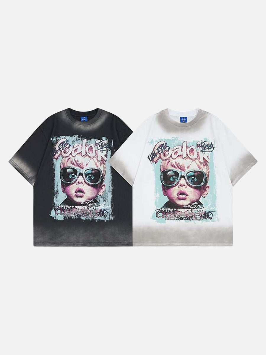 DAXUEN Short-sleeved graphic t-shirt featuring a surprised child