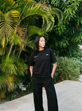 DAXUEN black text upward-angle graphic t-shirt — model photo
