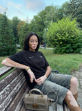 DAXUEN black text upward-angle graphic t-shirt — model photo