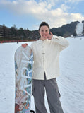 DAXUEN black textured botanical graphic mandarin collar jacket — model photo