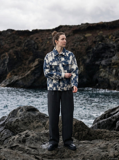 DAXUEN dark blue abstract patterned long-sleeve jacket — model photo