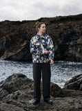 DAXUEN dark blue abstract patterned long-sleeve jacket — model photo