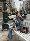 DAXUEN dark blue abstract patterned long-sleeve jacket — model photo