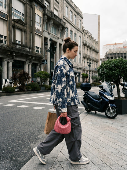 DAXUEN dark blue abstract patterned long-sleeve jacket — model photo