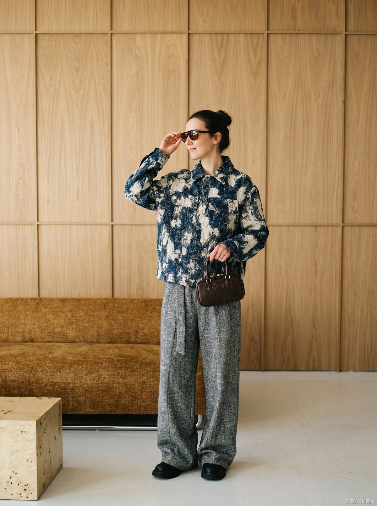 DAXUEN dark blue abstract patterned long-sleeve jacket — model photo