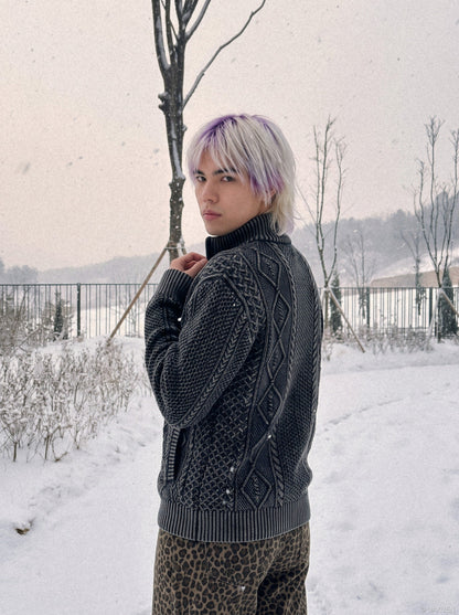 Textured Dark Grey Full-Zip Knit Cardigan