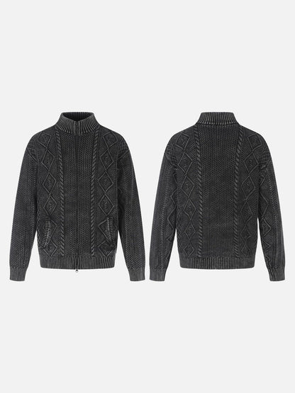 Textured Dark Grey Full-Zip Knit Cardigan