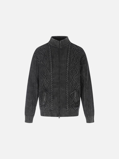 Textured Dark Grey Full-Zip Knit Cardigan