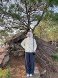 DAXUEN dark navy textured grid oversized cardigan — model photo
