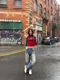 DAXUEN washed blue oversized quilted wide-leg jeans — model photo