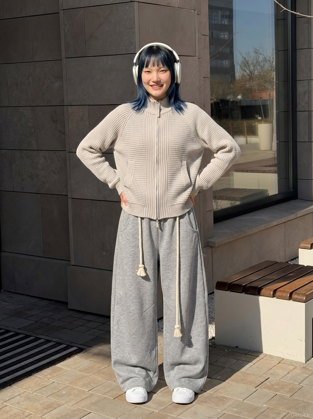 DAXUEN Textured full-zip cardigan sweater — model photo