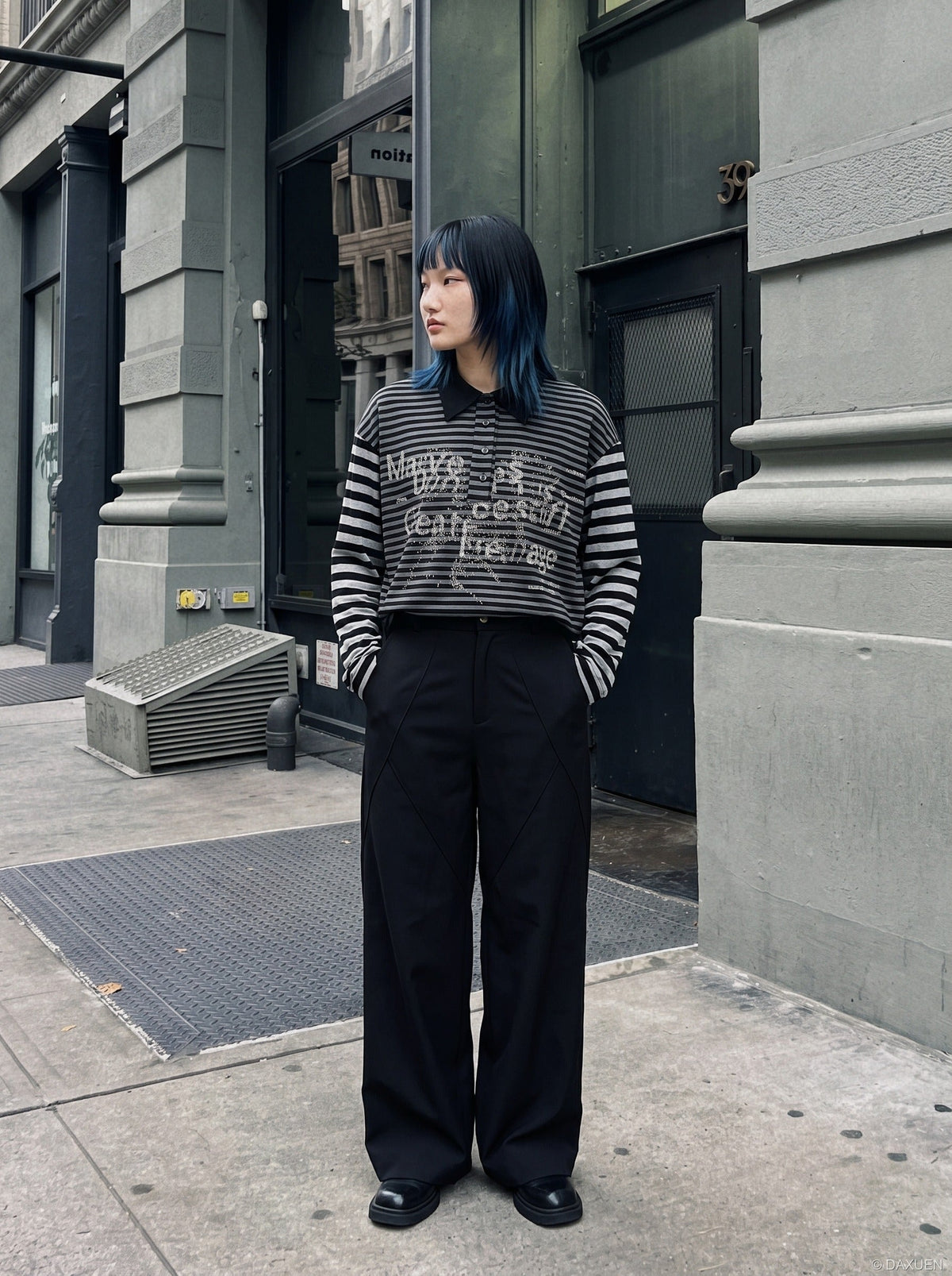 DAXUEN black and grey striped textured graphic polo shirt — model photo