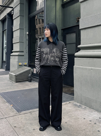DAXUEN black and grey striped textured graphic polo shirt — model photo