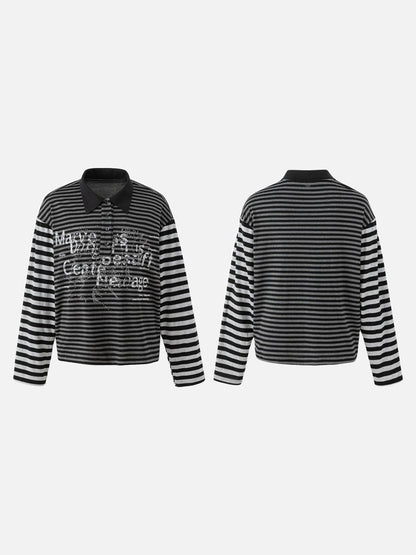 DAXUEN black and grey striped textured graphic polo shirt