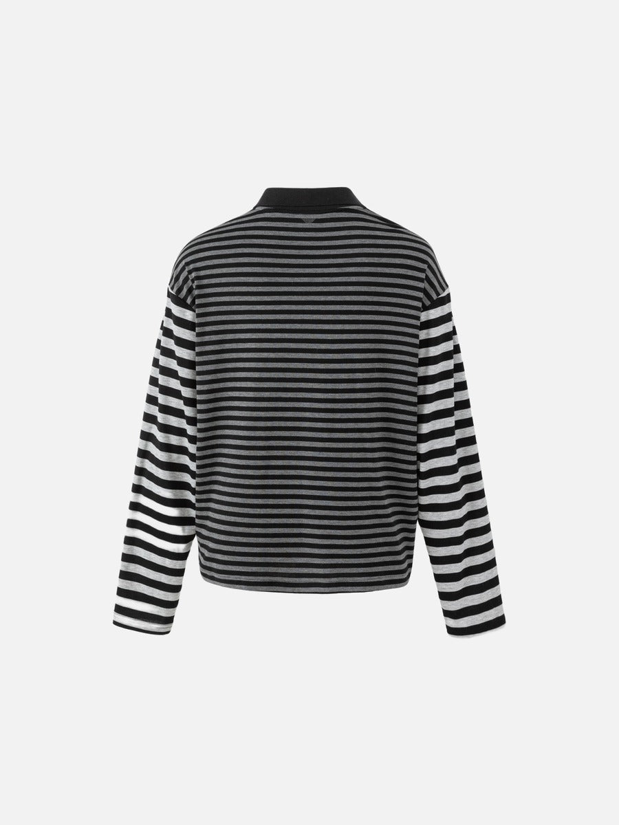 DAXUEN black and grey striped textured graphic polo shirt