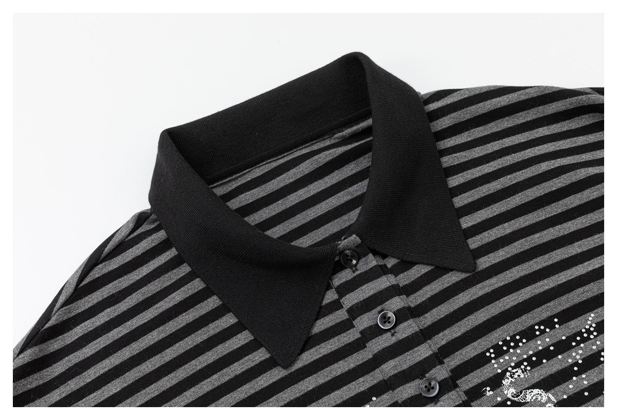 DAXUEN black and grey striped textured graphic polo shirt