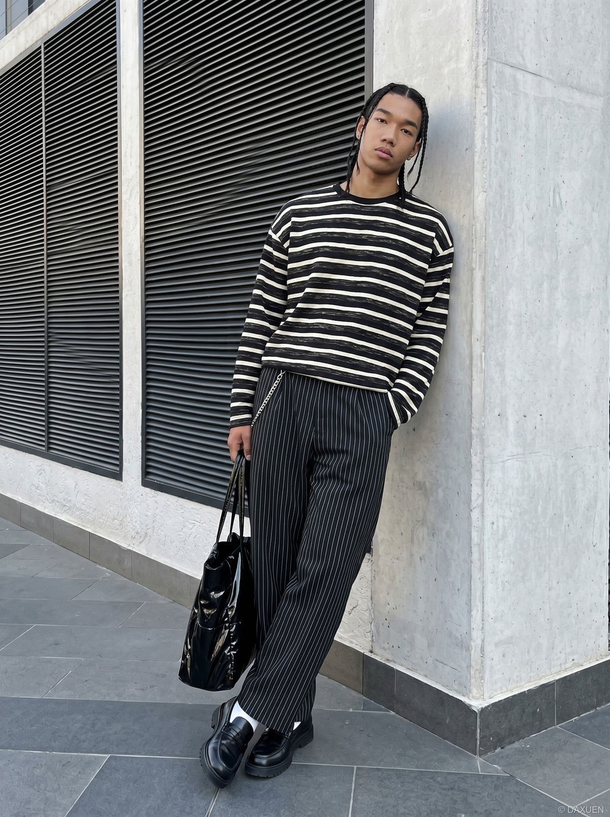DAXUEN black textured horizontal stripes long-sleeve top — model photo