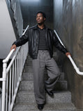 DAXUEN black textured linen wide-leg pants — model photo