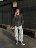 DAXUEN Oversized hooded cardigan jacket in dark charcoal grey and dark brown — model photo