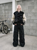 DAXUEN washed black and blue textured quilted wide-leg jeans — model photo