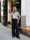 DAXUEN Textured short-sleeved button-up shirt in sage green — model photo