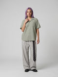 DAXUEN Textured short-sleeved button-up shirt in sage green — model photo