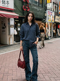 DAXUEN navy textured vertical stripe button-up shirt — model photo
