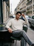 DAXUEN navy textured vertical stripe button-up shirt — model photo