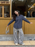 DAXUEN navy textured vertical stripe button-up shirt — model photo